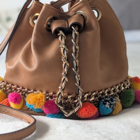 ALDO pom pom tassel bucket purse - tan and colorful - Picture 2 of 12